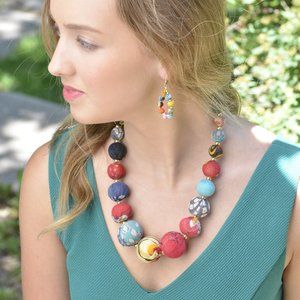 Fair Trade NWT Statement Necklace Graduated Beads Upcycled Kantha Fabric Boho